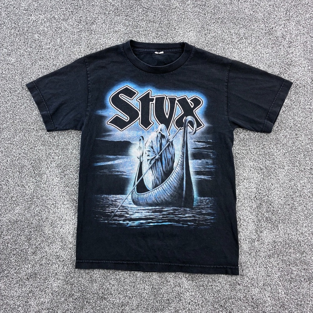 Vintage Y2K Styx Band Shirt Mens Small Black Rock Music Concert Charon‎ Ferryman